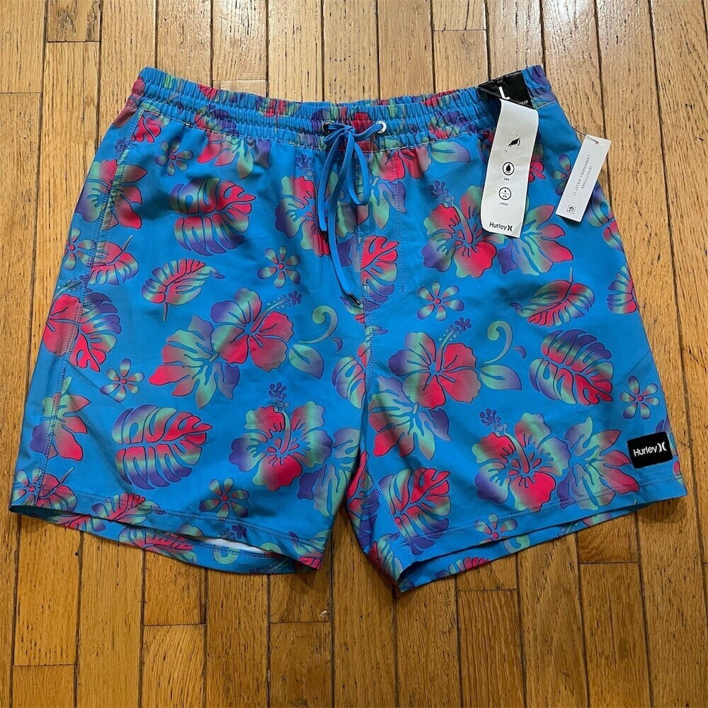 Hurley Men's Board Shorts Swim Trunks Blue Tropical Floral Print Size L 6"